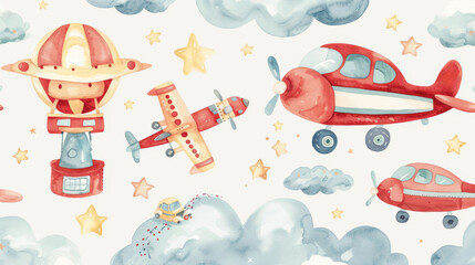 Whimsical Pastel Baby Nursery Watercolor Illustration Featuring Fire Trucks and Airplanes