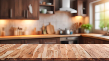 Wood table top on blurred kitchen background. can be used mock up for montage products display or design layout, Generative AI