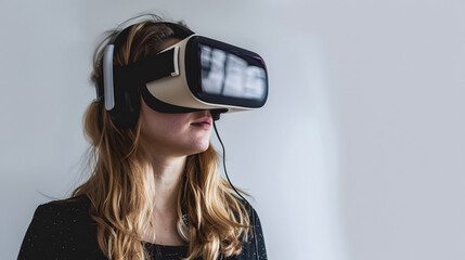 Naklejka premium Woman using virtual reality glasses on a white background with space for text