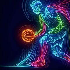 Obraz premium Neon Line Art of Basketball Player in Action