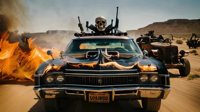 Post Apocalyptic Skeleton on Car in Desert