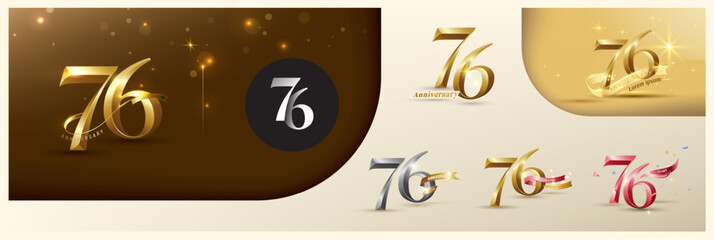 76th anniversary logotype modern gold number with shiny ribbon. alternative logo number Golden anniversary celebration