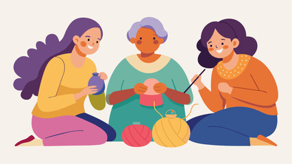 While knitting the women also share stories and memories strengthening their bond as they create soing meaningful together.. Vector illustration