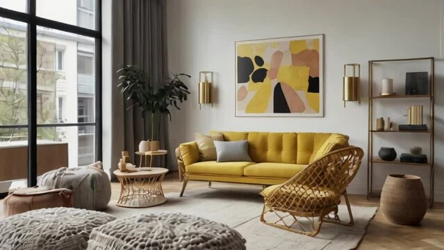 Cozy apartment mock white yellow accessories frame design home furnitures poster design,HD video created with generative ai.