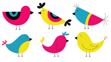 Set of six colorful cartoon birds - vector CMYK