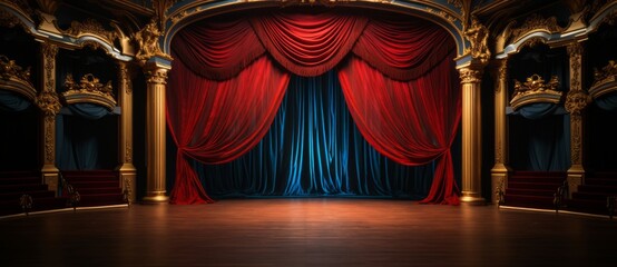 Fototapeta premium Red velvet curtain with gold frame. Cinema or theater stage background.