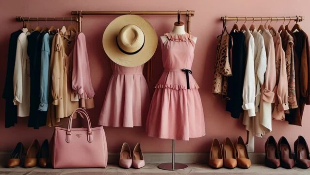 image shopping items accessories fashion woman background pink isolated hat shoes purse bags hand colorful accessory item,digital illustration created with generative ai.