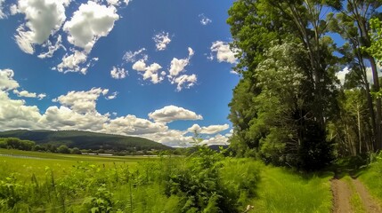 Fototapeta premium Scenic Countryside Landscape with Lush Greenery and Blue Sky