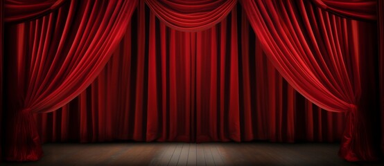 Red velvet curtain with gold frame. Cinema or theater stage background.