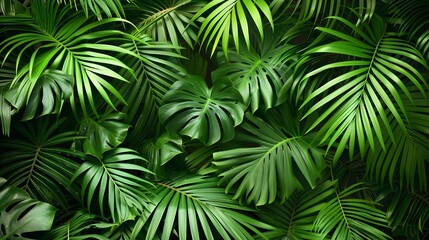 Lush Greenery of Palm Fronds in a Dense Jungle Environment   Verdant Foliage Backdrop