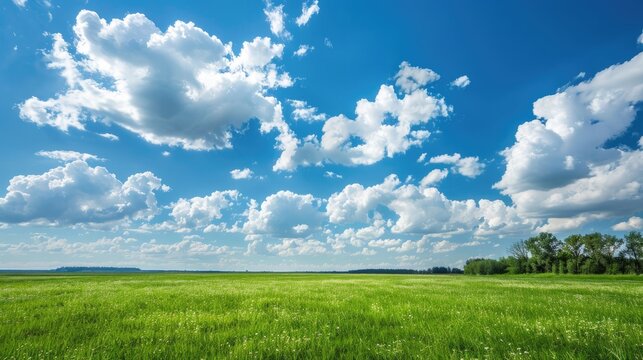 Fluffy white clouds drift across a clear blue sky above a meadow