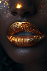 Glamorous close-up of woman with shimmering gold lipstick and glitter makeup