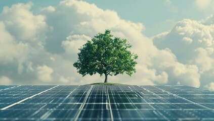 Tree Growing on Solar Panel for Green Energy