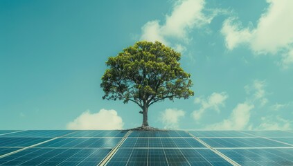 Tree Growing on Solar Panel for Green Energy