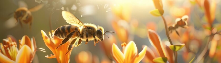 A honey bee is in flight approaching an orange flower blossom. The background features a blurred, colorful bokeh effect.