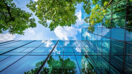 A tall glass building with green trees growing on the sides, reflecting the blue sky and white clouds from a low angle. Green energy technology concept.