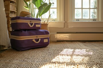 beige jute carpet. green suitcase. Journey. Come back home. Emigration. banner, place for text. Cozy hallway