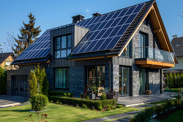 Solar panels installed on the roof rooftop of a residential modern house. The panels are arranged in rows and efficiently utilize available sunlight.