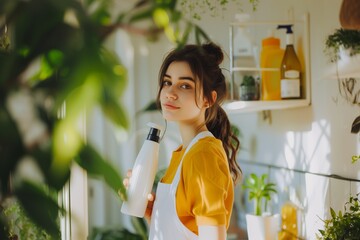 Beauty woman doing houseworks smiling holding a cleaning product, surrounded plants, white clean home