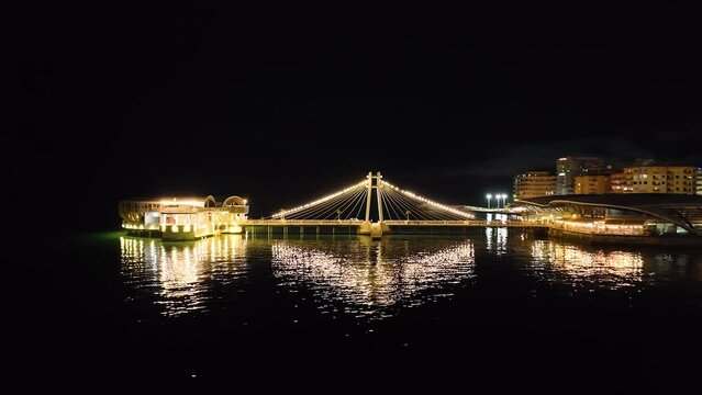 Pier and Promenade in Durres from a drone at night, Adriatic Sea, Albania, Europe