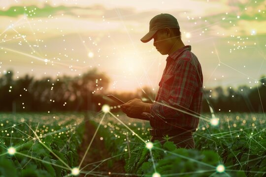 Modern farmer evaluates crop data on a tablet amidst agricultural land during a sunset