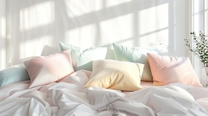 Bed with satin pillows in pastel colors and soft blankets on a white background.