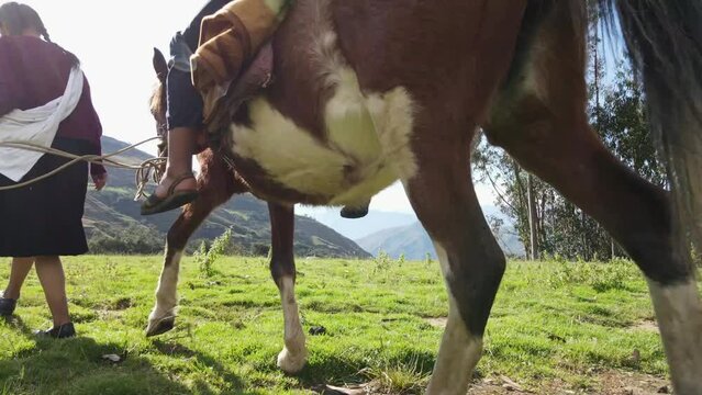 Hermosa campesina caminando bajo la c&aacute;lida luz del sol junto a un chico atractivo campesino que monta a caballo. Concepto de viaje de estilo de vida saludable,quechua,estudiar