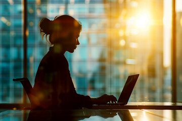 Silhouette of a woman working on a laptop by a large window, with the sun shining brightly in the background, creating a warm and glowing atmosphere.