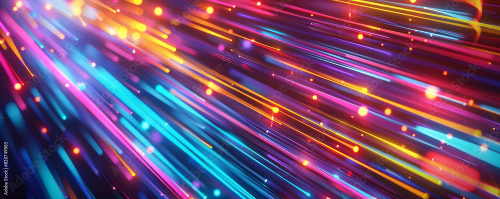 Poster abstract background with colorful light rays and laser beams, glowing lines in motion blur on dark b