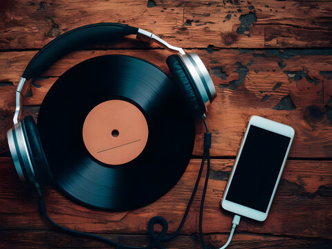 Aud&iacute;fonos con disco de vinilo y tel&eacute;fono m&oacute;vil
