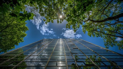 A tall glass building with green trees growing on the sides, reflecting the blue sky and white clouds from a low angle. Green energy technology concept.