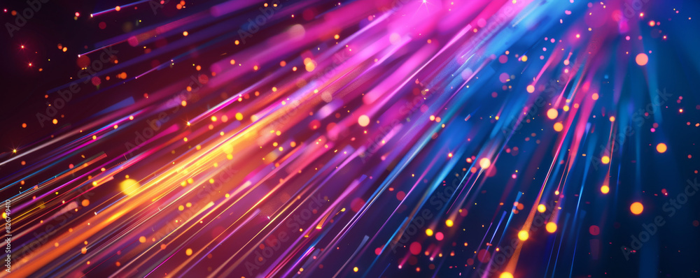 Poster abstract background with colorful light rays and laser beams, glowing lines in motion blur on dark b