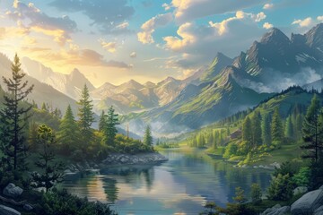 A serene landscape of mountains, rivers, and forests with a message about protecting natural habitats