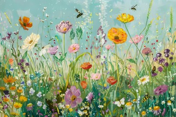 Fototapeta premium A vibrant scene of a meadow in full bloom with various wildflowers and insects, celebrating natural beauty 