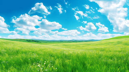 Green Hills Meadows Under Blue Sky White Clouds Panorama Banner