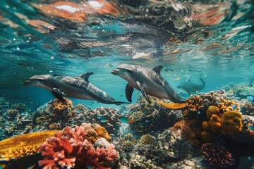Obraz premium An underwater world with dolphins, turtles, and corals, highlighting the beauty and fragility of marine life 