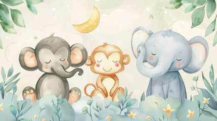 Pastel Watercolor Baby Nursery Featuring a Sweet Elephant, Playful Monkey, and Dozing Koala Against an Enchanting Backdrop