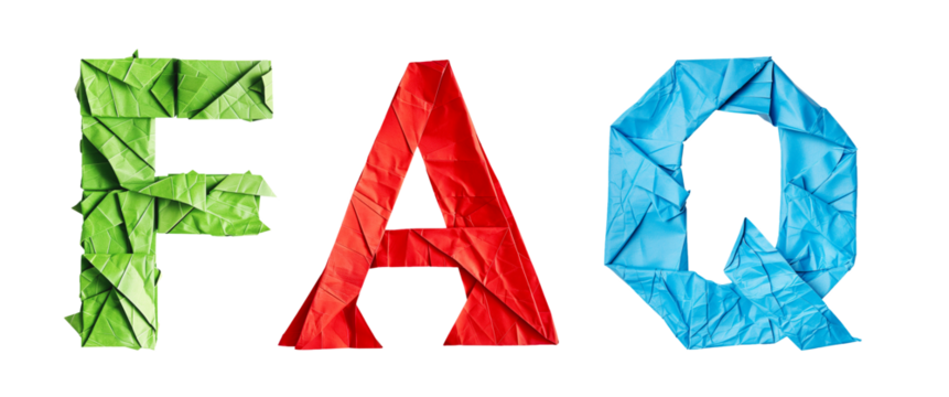 Colorful Paper Letters Shaping the Word FAQ Isolated on White and PNG Transparent Background