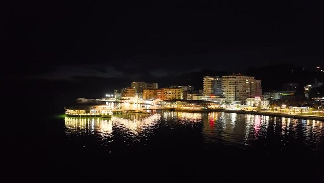 Pier and Promenade in Durres from a drone at night, Adriatic Sea, Albania, Europe	
