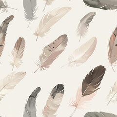 The image shows a seamless pattern of various feathers with different designs and colors placed randomly against a light, off-white background. The feathers have a range of hues including soft browns,
