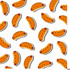 Hot dogs with sausage, mustard sauce seamless pattern. Pattern hot dogs on white background.