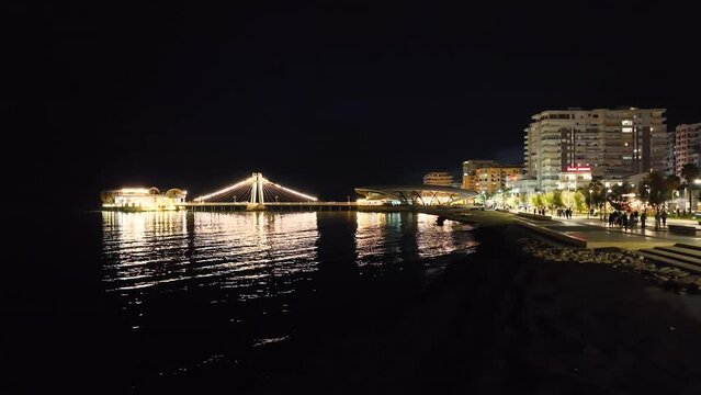 Pier and Promenade in Durres from a drone at night, Adriatic Sea, Albania, Europe	