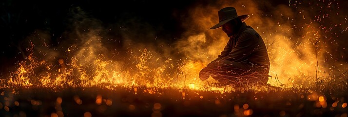 hunter using a primitive tool to start a fire photographed using highspeed shutter techniques to freeze the motion of the sparks