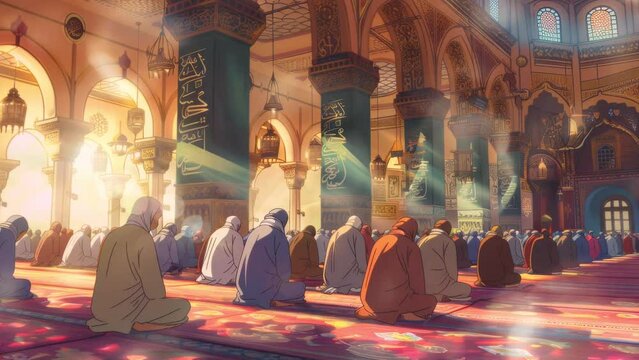 muslim people praying at mosque, anime style