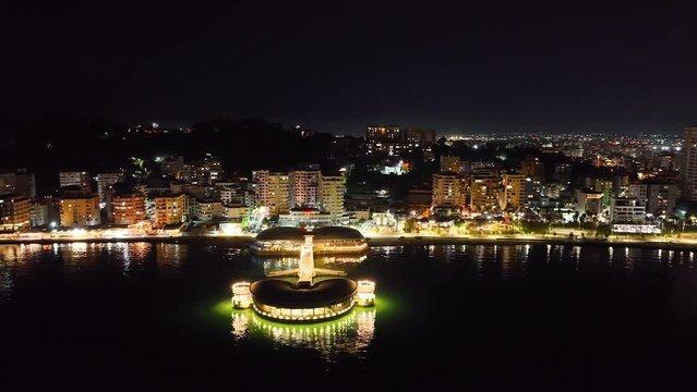 Pier and Promenade in Durres from a drone at night, Adriatic Sea, Albania, Europe	
