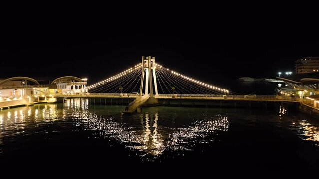Pier and Promenade in Durres from a drone at night, Adriatic Sea, Albania, Europe	