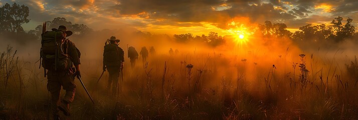 huntergatherer band traversing a misty marshland at dawn photographed with silhouette techniques to evoke a sense of mystery