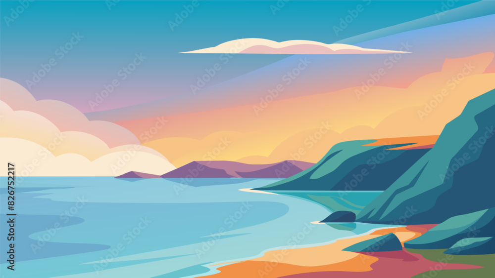 Poster a digital representation of a serene ocean landscape with a calming color palette and soft brushstro