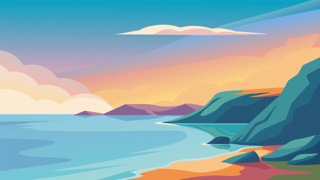 A digital representation of a serene ocean landscape with a calming color palette and soft brushstrokes.. Vector illustration