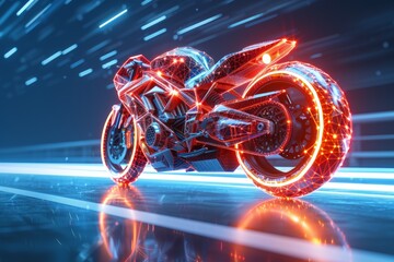 Fototapeta premium Futuristic neon motorcycle with glowing lines speeding on a digital highway